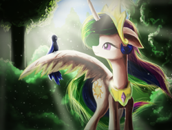 Size: 727x548 | Tagged: safe, artist:e_dubina, princess celestia, alicorn, bird, pony, old, smiling, solo, sunshine