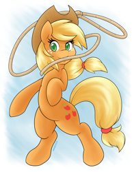 Size: 1275x1650 | Tagged: safe, artist:ambris, applejack, earth pony, pony, colored pupils, female, freckles, hat, lasso, mare, mouth hold, rope, solo