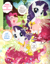 Size: 1277x1653 | Tagged: safe, artist:akira himekawa, pinkie pie, rarity, earth pony, pony, unicorn, clothes, comic, cute, dancing, dress, flower, manga, official, shoes, sparkles, titter tree, translation