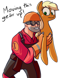 Size: 1589x1948 | Tagged: safe, artist:impcjcaesar, applejack, earth pony, pony, crossover, engineer, hatless, holding a pony, missing accessory, simple background, team fortress 2, transparent background