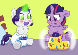 Size: 1248x883 | Tagged: safe, artist:artiecanvas, derpibooru import, rarity, twilight sparkle, twilight sparkle (alicorn), alicorn, pony, unicorn, inspiration manifestation, babity, baby, baby pony, babylight sparkle, book, corrupted, cutie mark diapers, diaper, diaper inflation, filly, foal, inflatable diaper, inspirarity, magic, poofy diaper, possessed, spell