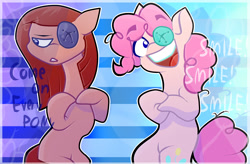 Size: 1500x983 | Tagged: safe, artist:olivecow, pinkie pie, earth pony, pony, duality, eyepatch, pinkamena diane pie, smile song