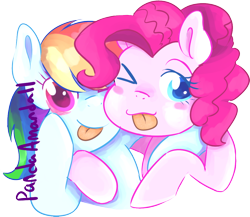 Size: 1062x921 | Tagged: safe, artist:pandaamanda11, derpibooru import, pinkie pie, rainbow dash, earth pony, pegasus, pony, cute, female, lesbian, mare, pinkiedash, shipping, simple background, tongue out