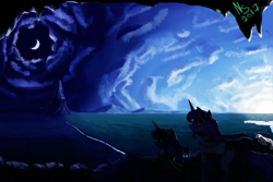 Size: 3000x2000 | Tagged: safe, artist:nsilverdraws, princess celestia, princess luna, alicorn, pony, canterlot, moon, mountain, royal sisters, scenery, scenery porn, signature, sun, younger