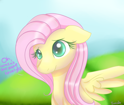 Size: 3912x3312 | Tagged: safe, artist:tuxisthename, fluttershy, pegasus, pony, bronybait, bust, dialogue, floppy ears, portrait, solo, spread wings, wings