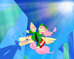 Size: 1280x1024 | Tagged: safe, artist:kwendynew, fluttershy, clothes, creeper, creepershy, crepuscular rays, crossover, cubes, explosives, fusion, looking at you, minecraft, mirror's edge, solo, sun, tnt