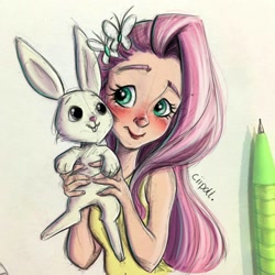 Size: 1164x1164 | Tagged: safe, artist:ciipott, angel bunny, fluttershy, human, blushing, clothes, humanized