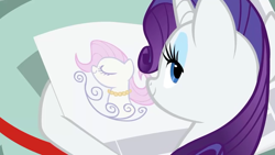 Size: 1280x720 | Tagged: safe, screencap, rarity, pony, unicorn, ponyville confidential, drawing, female, holding, lidded eyes, mare, smiling, solo