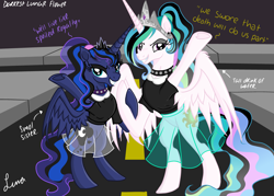 Size: 4823x3445 | Tagged: safe, artist:darkest-lunar-flower, princess celestia, princess luna, alicorn, pony, absurd resolution, alternate hairstyle, bipedal, choker, clothes, collar, ear piercing, earring, female, goth, jewelry, mare, piercing, ponytail, royal sisters, see-through, see-through skirt, skirt, spiked choker, spiked collar