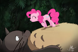 Size: 1024x683 | Tagged: safe, artist:joellethenose, pinkie pie, earth pony, pony, crossover, cute, deviantart watermark, diapinkes, eyes closed, female, forest, grin, looking up, lying down, mare, my neighbor totoro, obtrusive watermark, on back, outdoors, raised hoof, signature, smiling, standing, studio ghibli, totoro, watermark