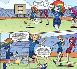 Size: 717x646 | Tagged: safe, artist:pencils, idw, applejack, pinkie pie, rainbow dash, sunset shimmer, equestria girls, spoiler:comic, spoiler:comicequestriagirlsmarchradness, background human, clothes, football, shoes, soccer shoes, sports