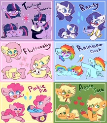 Size: 2600x3000 | Tagged: safe, artist:etoz, derpibooru import, angel bunny, applejack, fluttershy, pinkie pie, rainbow dash, rarity, twilight sparkle, twilight sparkle (alicorn), alicorn, earth pony, pegasus, pony, rabbit, unicorn, animal, apple, blushing, braid, chest fluff, cutie mark, dab, ear fluff, eye clipping through hair, female, food, hat, magic, magic wand, mane six, mare, measuring tape, open mouth, party cannon, rainbow dab, rarity's glasses, telekinesis, top hat