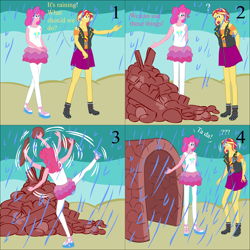 Size: 2000x2000 | Tagged: safe, artist:lzh, pinkie pie, sunset shimmer, equestria girls, comic, fast, female, hole, impossible, old master q, rain, rock, stone