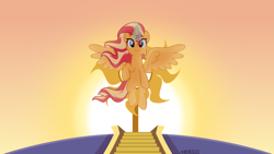 Size: 4000x2250 | Tagged: safe, artist:orin331, sunset shimmer, alicorn, pony, princess twilight sparkle (episode), absurd resolution, alicornified, floating, glowing horn, horn, magic, race swap, shimmercorn, solo, sun, sunrise, sunshine shimmer