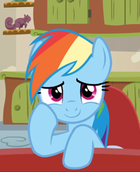 Size: 704x861 | Tagged: safe, derpibooru import, screencap, rainbow dash, pegasus, pony, flutter brutter, chair, cropped, cute, dashabetes, hoof on cheek, hooves on the table, looking at you, sitting, smiling, solo, table