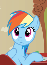 Size: 644x882 | Tagged: safe, derpibooru import, screencap, rainbow dash, pegasus, pony, flutter brutter, chair, cropped, cute, dashabetes, female, looking at you, looking back, looking back at you, mare, solo, table