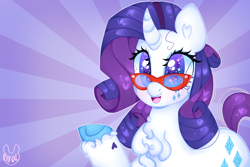 Size: 3000x2000 | Tagged: safe, artist:bunxl, rarity, pony, unicorn, chest fluff, female, glasses, mare, raised hoof, smiling, solo, starry eyes, sunburst background, unshorn fetlocks, wingding eyes