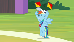 Size: 1920x1080 | Tagged: safe, derpibooru import, screencap, rainbow dash, pegasus, pony, 2 4 6 greaaat, cap, eyes closed, female, hat, mare, rainbow dashs coaching whistle, solo, spread wings, whistle, whistle necklace, wings