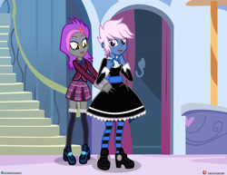 Size: 4000x3090 | Tagged: safe, artist:dieart77, oc, oc:azure/sapphire, oc:chiffon swatch, equestria girls, bowtie, clothes, crossdressing, crystal prep academy uniform, equestria girls-ified, female, femboy, gothic lolita, male, plaid skirt, pleated skirt, school uniform, shoes, skirt, socks, striped socks, thigh highs, transgender