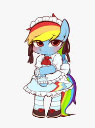 Size: 1024x1366 | Tagged: safe, artist:manachaaaaaaaa, derpibooru import, rainbow dash, pegasus, pony, blushing, clothes, cute, dashabetes, eye clipping through hair, female, maid, pixiv, solo