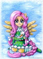 Size: 586x800 | Tagged: safe, artist:ryoko-demon, angel bunny, fluttershy, equestria girls, boots, carrot, clothes, elf costume, food, gloves, ponied up, skirt, snow, snowfall, socks, spread wings, striped socks