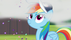 Size: 1920x1080 | Tagged: safe, derpibooru import, screencap, rainbow dash, pegasus, pony, 2 4 6 greaaat, confetti, female, mare, smiling, solo