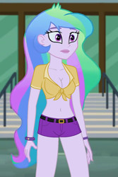 Size: 480x720 | Tagged: safe, edit, edited screencap, editor:ah96, screencap, princess celestia, principal celestia, equestria girls, friendship games, belly button, breast edit, breasts, cleavage, clothes, cropped, female, front knot midriff, midriff, shorts, solo