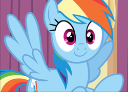 Size: 1305x938 | Tagged: safe, derpibooru import, screencap, rainbow dash, pegasus, pony, stranger than fan fiction, cropped, cute, dashabetes, female, flying, looking at you, mare, raised hoof, smiling, solo, spread wings, wings