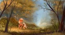 Size: 1850x1000 | Tagged: dead source, safe, artist:shamanguli, applejack, earth pony, pony, autumn, eyes closed, forest, grass, happy, hatless, missing accessory, scenery, smiling, solo, tree