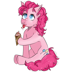 Size: 1809x2118 | Tagged: safe, artist:kawaiifishu, pinkie pie, earth pony, pony, blushing, food, heart eyes, hoof hold, ice cream, ice cream cone, simple background, solo, tongue out, transparent background, wingding eyes