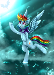 Size: 4550x6300 | Tagged: safe, artist:darksly, derpibooru import, rainbow dash, pegasus, pony, bubble, female, mare, sad, solo, standing, standing on one leg