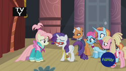 Size: 1920x1080 | Tagged: safe, screencap, bleeding heart, blue bobbin, rarity, sassy saddles, starke kragen, pony, unicorn, fake it 'til you make it, clothes, discovery family logo, dress, glasses, measuring tape, not fluttershy, tv rating, tv-y