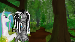 Size: 3840x2160 | Tagged: safe, artist:wax-42, princess celestia, oc, alicorn, anthro, zebra, anthro oc, arm hooves, canon x oc, female, forest, male, shipping, straight, tree, zebra oc