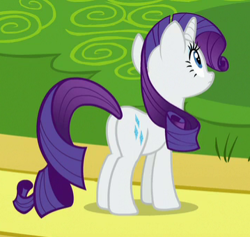 Size: 359x340 | Tagged: safe, screencap, rarity, pony, unicorn, fake it 'til you make it, cropped, female, mare, plot, rear view, solo