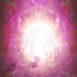 Size: 1024x1024 | Tagged: safe, artist:wisdomvision f., princess celestia, princess luna, alicorn, changeling, pony, beyond the light, cover art, father, father and mother, female, lcac, love changes a changeling, male, mother, story, story art