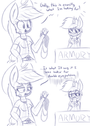 Size: 1000x1400 | Tagged: safe, artist:heir-of-rick, applejack, trenderhoof, anthro, armor, bikini, chainmail bikini, clothes, comic, monochrome, swimsuit