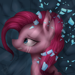 Size: 1024x1024 | Tagged: safe, artist:rubyblossomva, pinkie pie, earth pony, pony, broken glass, crying, sad, solo