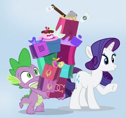 Size: 1000x934 | Tagged: safe, artist:pixelkitties, rarity, spike, dragon, pony, unicorn, balancing, cake, food, gradient background, hammer, lipstick, makeup, mjölnir, shopping, shopping bags, starbucks, sweat, thread, war hammer