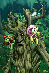 Size: 1600x2400 | Tagged: safe, artist:prismspark, fluttershy, tree hugger, earth pony, pegasus, pony, crossover, ent, fangorn, lord of the rings, smiling, treebeard, trio