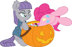 Size: 9068x6000 | Tagged: safe, artist:dfectivedvice, artist:mactavish1996, maud pie, pinkie pie, earth pony, pony, absurd resolution, candy, food, halloween, holiday, jack-o-lantern, pumpkin, simple background, sweets, transparent background, vector