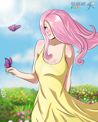 Size: 800x1000 | Tagged: safe, artist:xeladuart, fluttershy, butterfly, human, breasts, cleavage, clothes, dress, female, flower, hootershy, humanized, meadow, solo