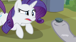 Size: 640x360 | Tagged: safe, screencap, boulder (pet), maud pie, rarity, pony, unicorn, fake it 'til you make it, female, mare, offscreen character, rock