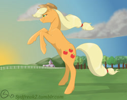 Size: 1280x1013 | Tagged: safe, artist:sydfreak2, applejack, earth pony, pony, rearing, solo, sunrise, sweet apple acres