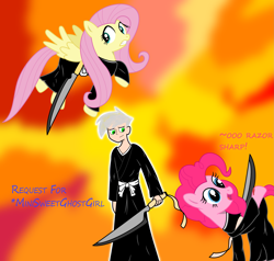 Size: 2387x2277 | Tagged: safe, artist:deannaphantom13, fluttershy, pinkie pie, earth pony, pegasus, pony, bleach (manga), clothes, costume, crossover, danny phantom, shinigami