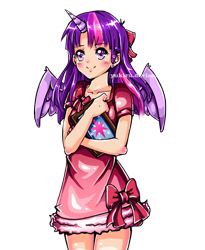 Size: 698x851 | Tagged: safe, artist:yukiru, derpibooru import, twilight sparkle, twilight sparkle (alicorn), alicorn, human, anime, book, clothes, cute, horned humanization, humanized, solo, twiabetes, winged humanization