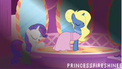 Size: 1024x578 | Tagged: safe, artist:princessfireshinee, rarity, oc, oc:azure/sapphire, pony, unicorn, crossdressing, modeling, never doubt azureakasapphire's involvement