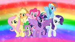 Size: 5360x3008 | Tagged: safe, artist:andoanimalia, derpibooru import, applejack, fluttershy, pinkie pie, rainbow dash, rarity, spike, twilight sparkle, twilight sparkle (alicorn), alicorn, dragon, earth pony, pegasus, pony, unicorn, mane seven, mane six, wallpaper