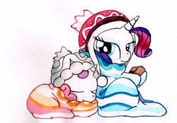 Size: 3437x2393 | Tagged: safe, artist:mashiromiku, rarity, sweetie belle, pony, unicorn, beanie, blanket, book, cuddling, cute, diasweetes, female, hat, raribetes, sisters, traditional art, watercolor painting