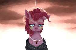 Size: 1411x928 | Tagged: safe, artist:colorlesscupcake, pinkie pie, earth pony, pony, christianity, cross, religious focus, religious headcanon, solo