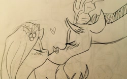 Size: 1280x800 | Tagged: safe, artist:micaxiii, discord, fluttershy, pegasus, pony, blushing, bust, cute, discoshy, eyes closed, female, heart, holly, holly mistaken for mistletoe, kissing, male, monochrome, profile, shipping, straight, traditional art